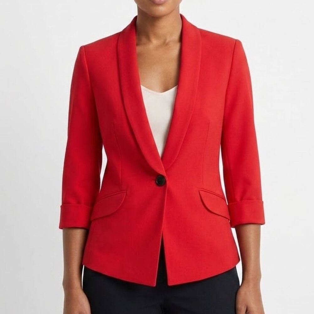 Dianzhi Red Silk Lined Blazer Shawl Collar 3/4 Sleeve Single Button Jacket Sz 9